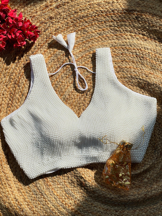 Magnificent White Purely Pearl Handcrafted Stitched Designer Blouse - INDIAN ELEGANCE