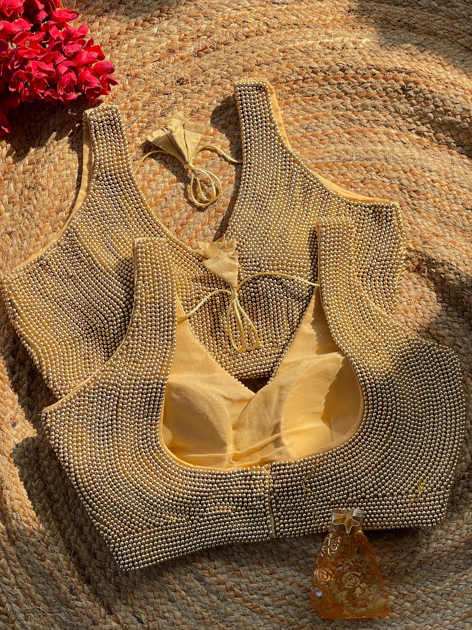Spectacular Gold Purely Pearl Handcrafted Stitched Designer Blouse - INDIAN ELEGANCE