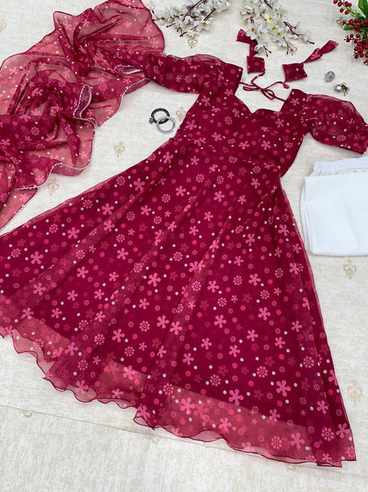 Rani Pink Colored Floral Digital Printed Georgette Silk Suit - INDIAN ELEGANCE