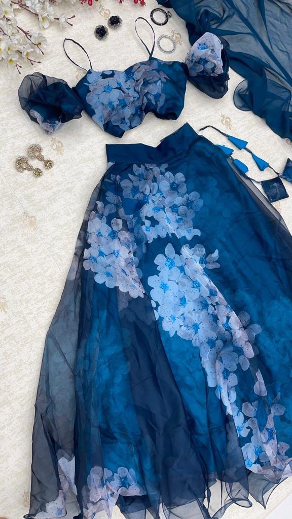 Radiant Navy Blue Organza Silk Floral Digital Printed Lehenga Choli - INDIAN ELEGANCE