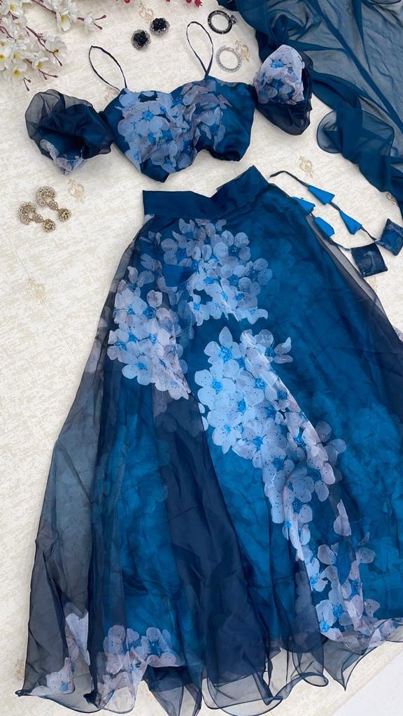 Radiant Navy Blue Organza Silk Floral Digital Printed Lehenga Choli - INDIAN ELEGANCE
