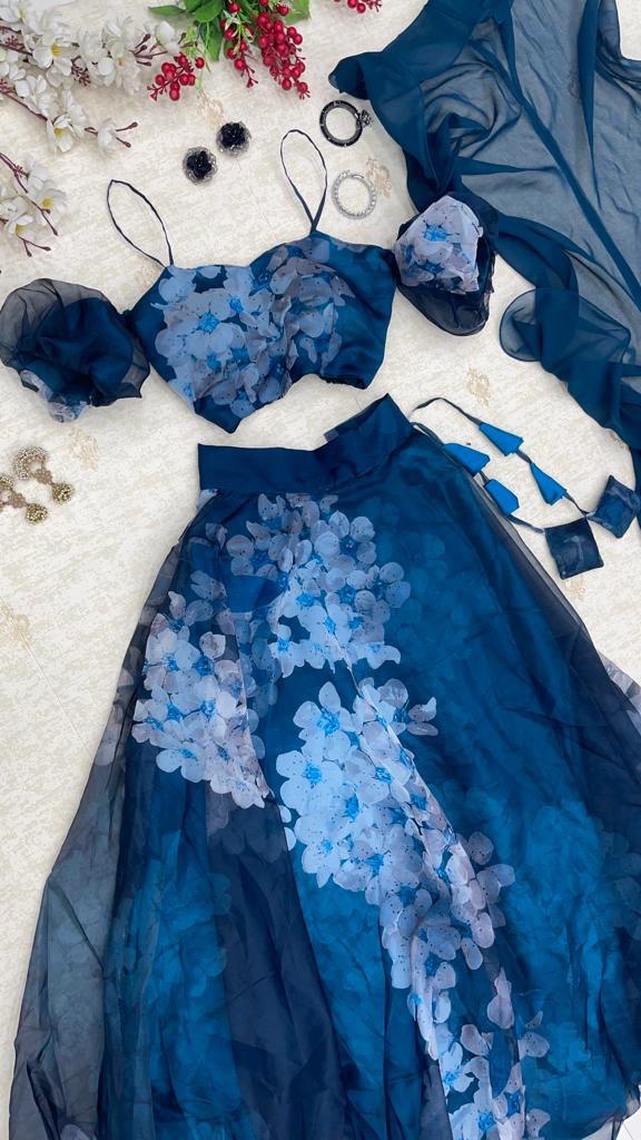 Radiant Navy Blue Organza Silk Floral Digital Printed Lehenga Choli - INDIAN ELEGANCE