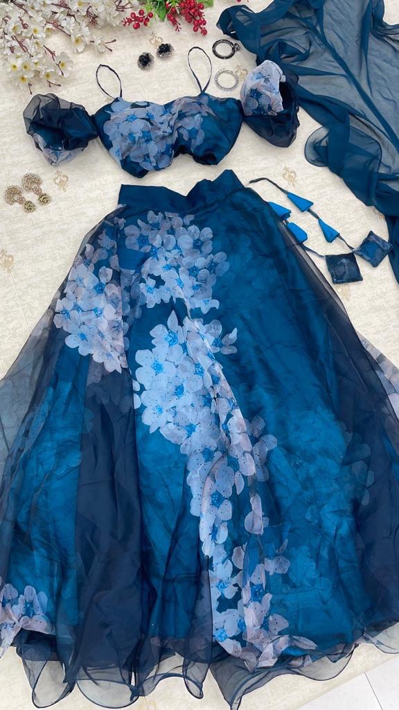 Radiant Navy Blue Organza Silk Floral Digital Printed Lehenga Choli - INDIAN ELEGANCE