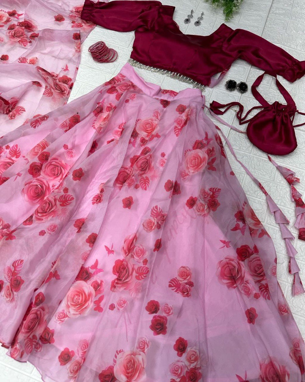Lovely Pink Organza Silk Floral Digital Printed Lehenga Choli - INDIAN ELEGANCE