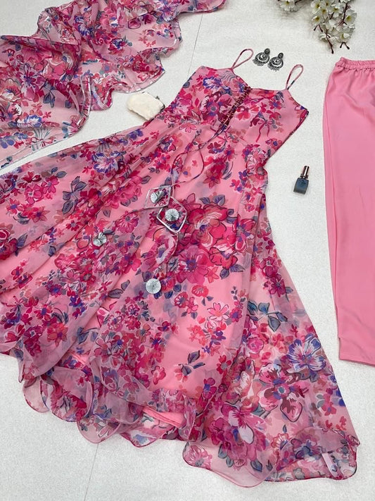 Magnificent Pink Georgette Silk Floral Digital Printed Anarkali Pant Suit - INDIAN ELEGANCE