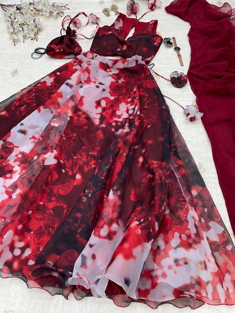 Stylish Hot Maroon Organza Silk Floral Printed Lehenga Choli Set - INDIAN ELEGANCE