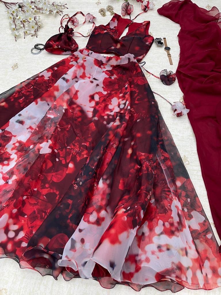 Stylish Hot Maroon Organza Silk Floral Printed Lehenga Choli Set - INDIAN ELEGANCE