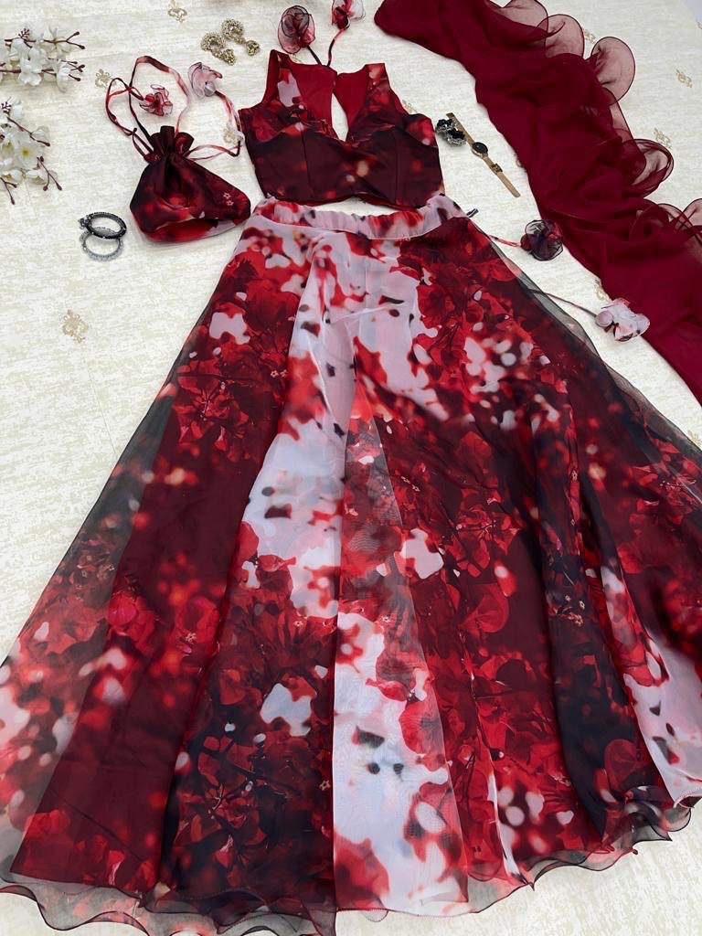 Stylish Hot Maroon Organza Silk Floral Printed Lehenga Choli Set - INDIAN ELEGANCE