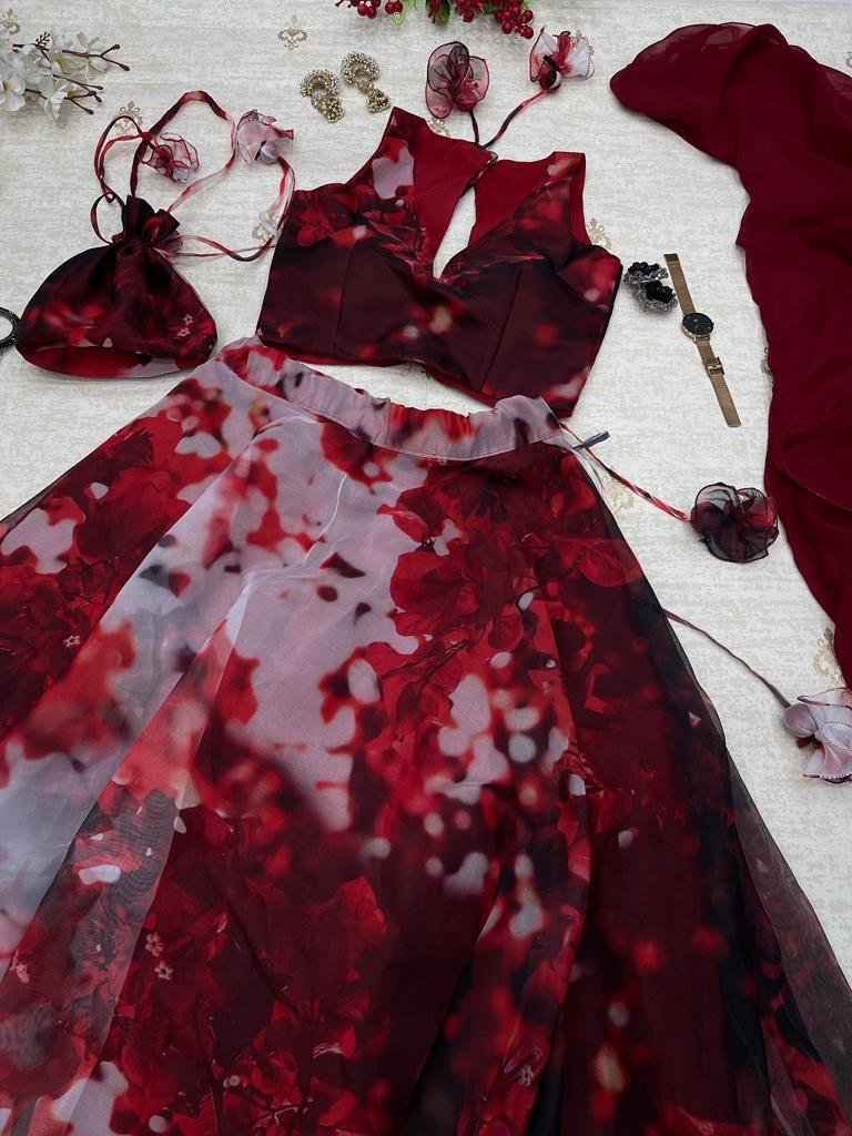 Stylish Hot Maroon Organza Silk Floral Printed Lehenga Choli Set - INDIAN ELEGANCE