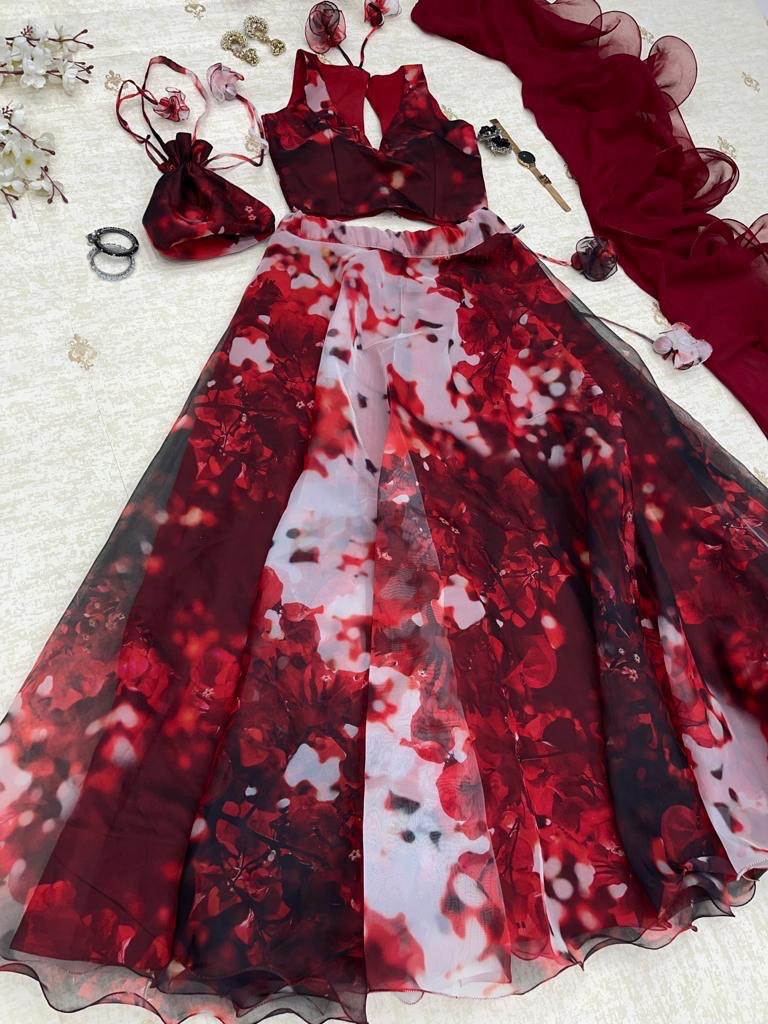 Stylish Hot Maroon Organza Silk Floral Printed Lehenga Choli Set - INDIAN ELEGANCE