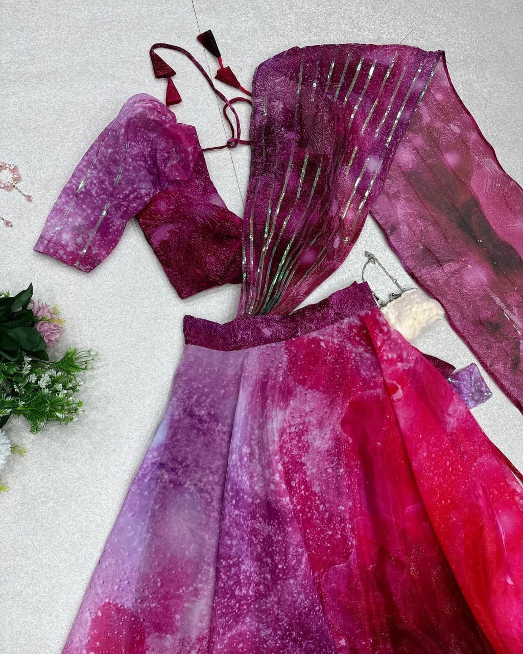 Divine Magenta Organza Silk Floral Printed Lehenga Choli Set - INDIAN ELEGANCE