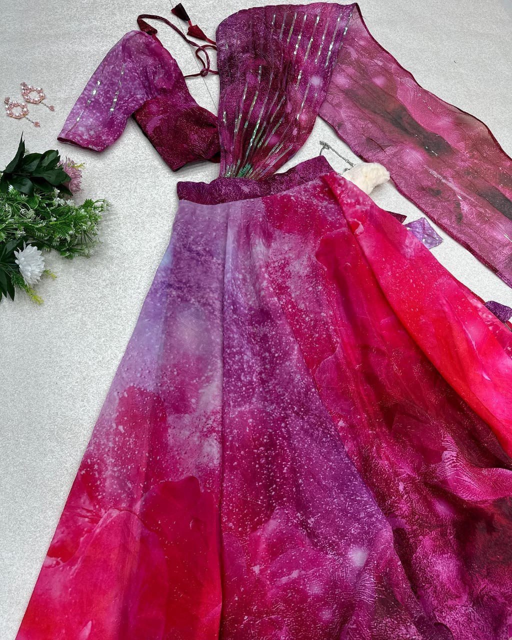 Divine Magenta Organza Silk Floral Printed Lehenga Choli Set - INDIAN ELEGANCE
