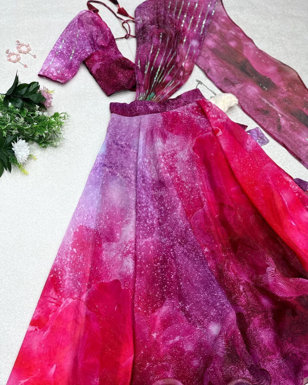 Divine Magenta Organza Silk Floral Printed Lehenga Choli Set - INDIAN ELEGANCE