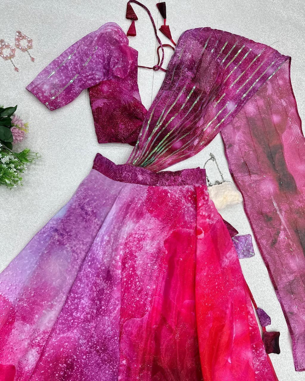 Divine Magenta Organza Silk Floral Printed Lehenga Choli Set - INDIAN ELEGANCE