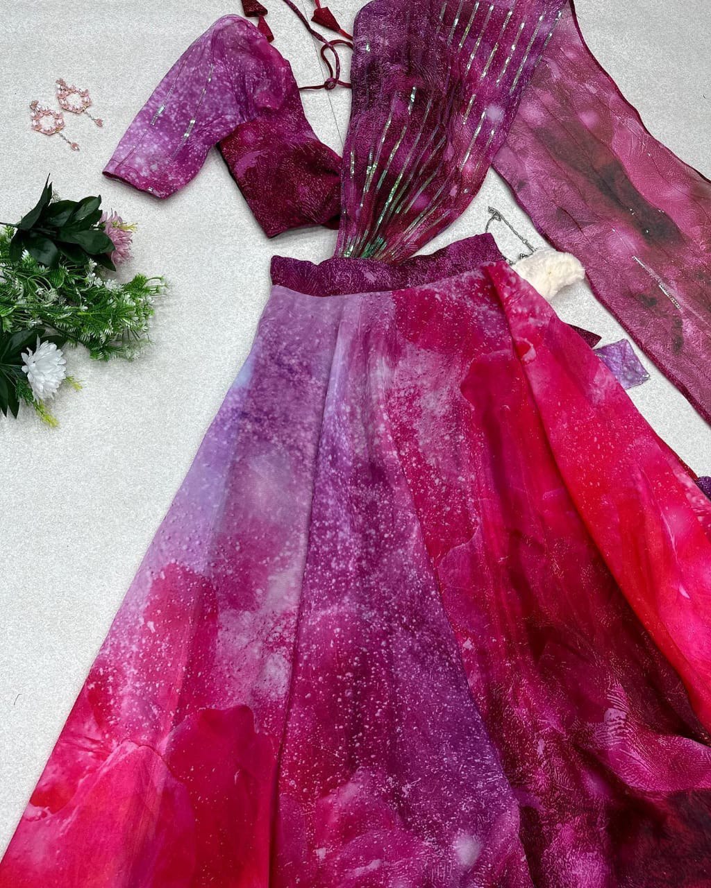 Divine Magenta Organza Silk Floral Printed Lehenga Choli Set - INDIAN ELEGANCE