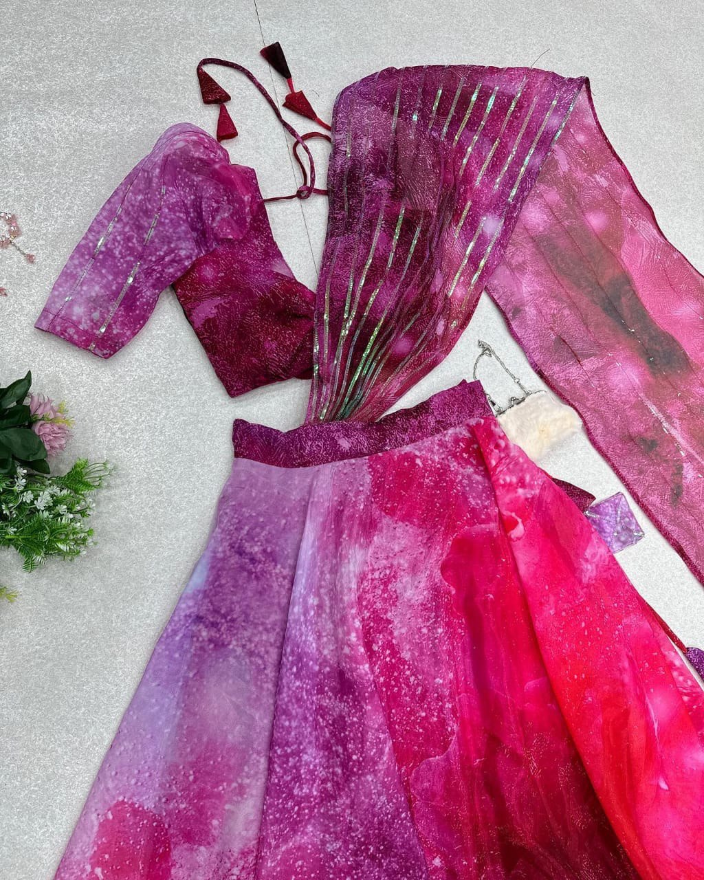 Divine Magenta Organza Silk Floral Printed Lehenga Choli Set - INDIAN ELEGANCE