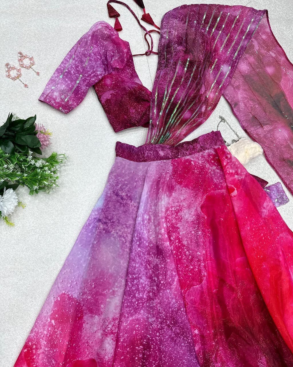Divine Magenta Organza Silk Floral Printed Lehenga Choli Set - INDIAN ELEGANCE