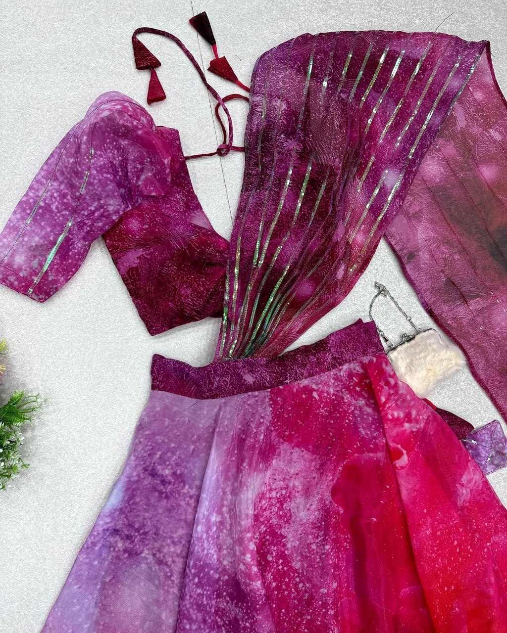 Divine Magenta Organza Silk Floral Printed Lehenga Choli Set - INDIAN ELEGANCE