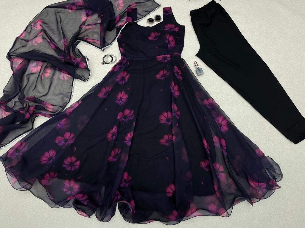 Alluring Black Georgette Silk Fully Stitched Floral Anarkali Pant Suit - INDIAN ELEGANCE