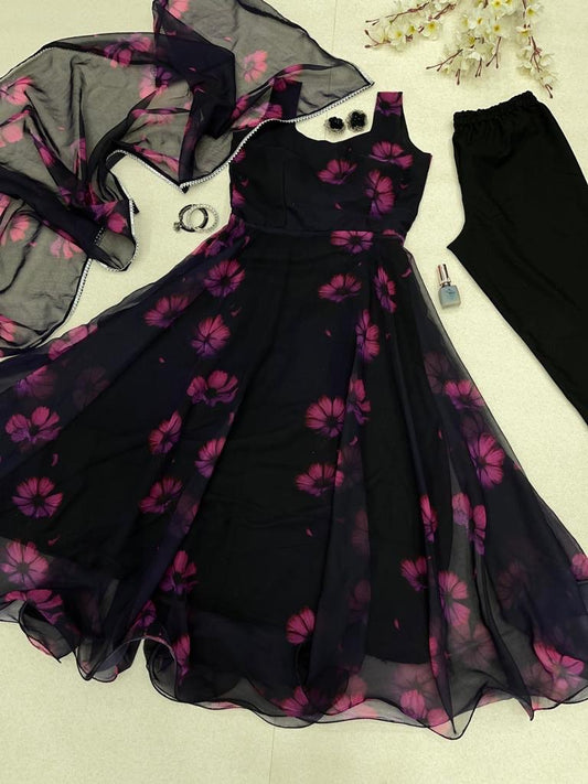 Alluring Black Georgette Silk Fully Stitched Floral Anarkali Pant Suit - INDIAN ELEGANCE