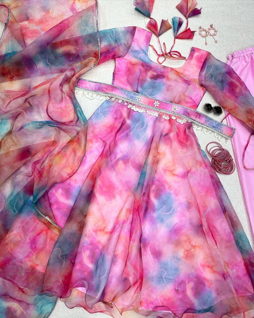 Luminous Pink Organza Silk Floral Digital Printed Anarkali Pant Suit - INDIAN ELEGANCE