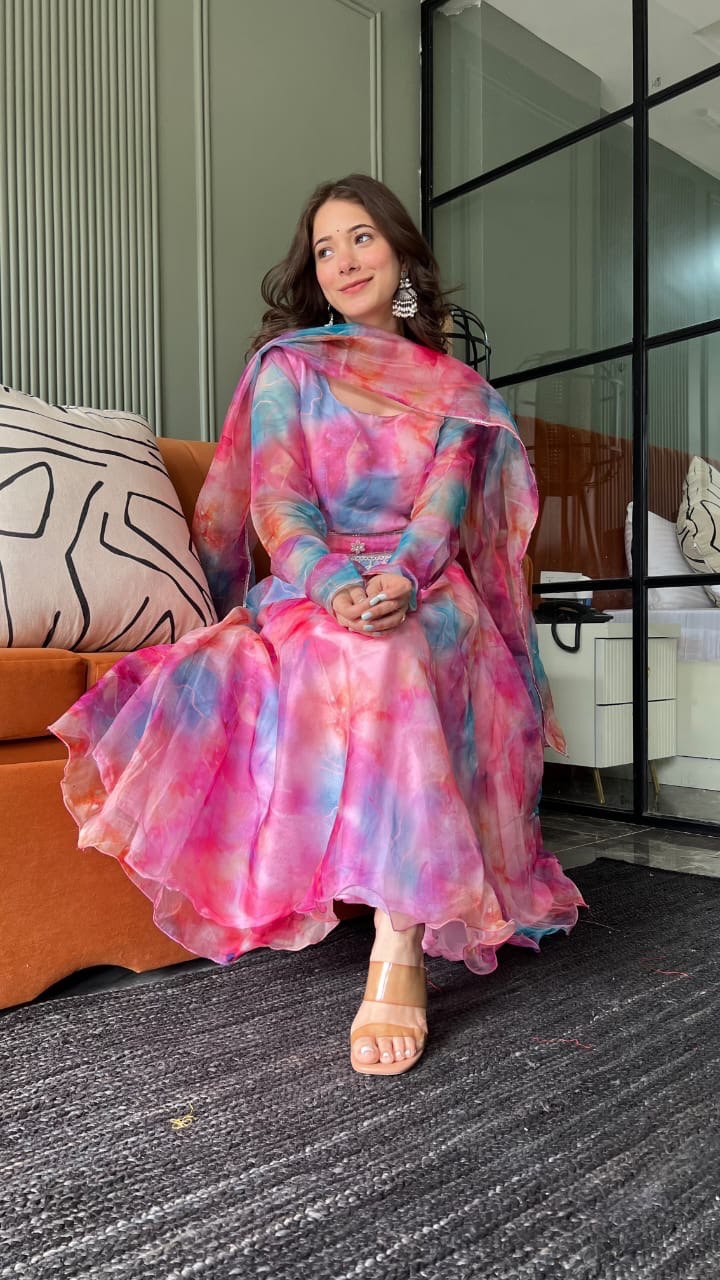 Luminous Pink Organza Silk Floral Digital Printed Anarkali Pant Suit - INDIAN ELEGANCE