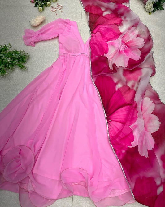 Sublime Pink Georgette Fully Stitched Plain Gown With Floral Dupatta - INDIAN ELEGANCE