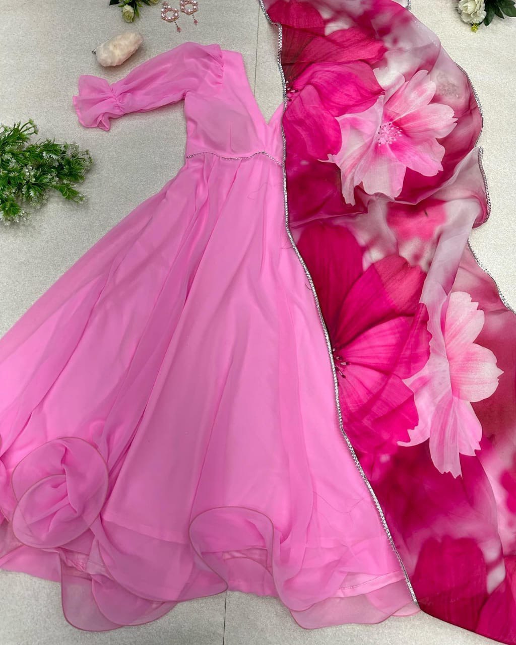 Sublime Pink Georgette Fully Stitched Plain Gown With Floral Dupatta - INDIAN ELEGANCE