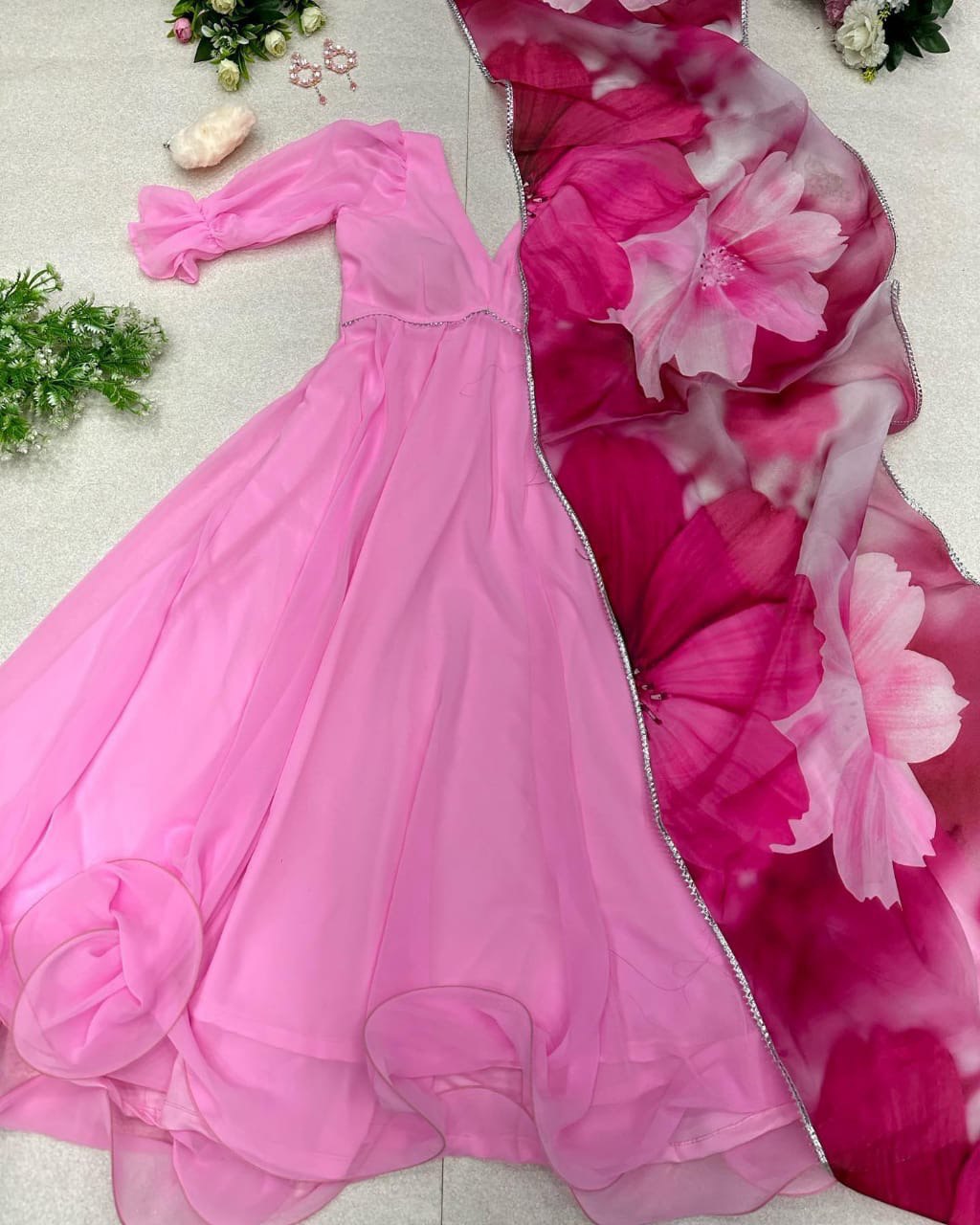 Sublime Pink Georgette Fully Stitched Plain Gown With Floral Dupatta - INDIAN ELEGANCE