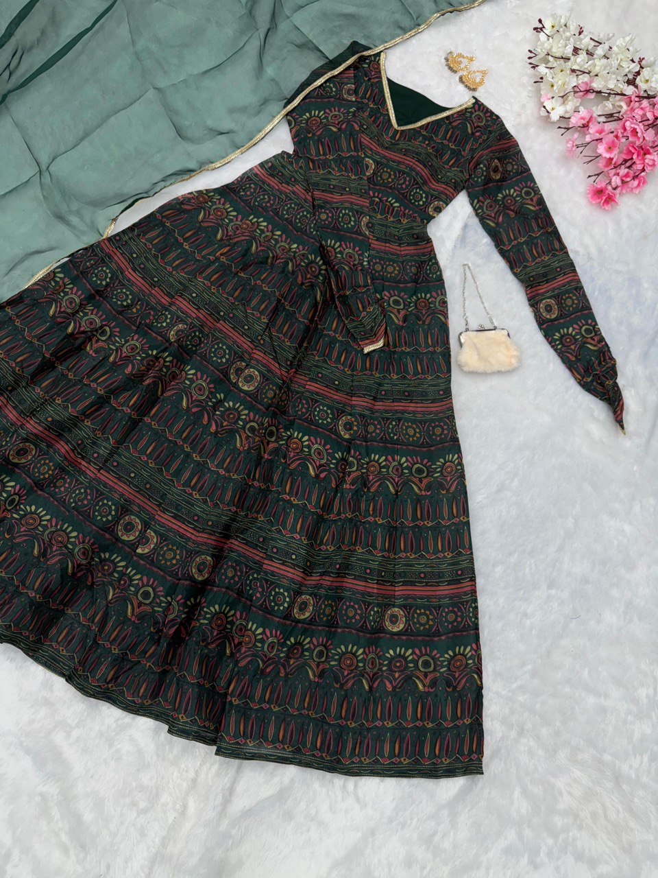 Alluring Mehendi Green Digital Printed Fully Flared Gown With Dupatta - INDIAN ELEGANCE
