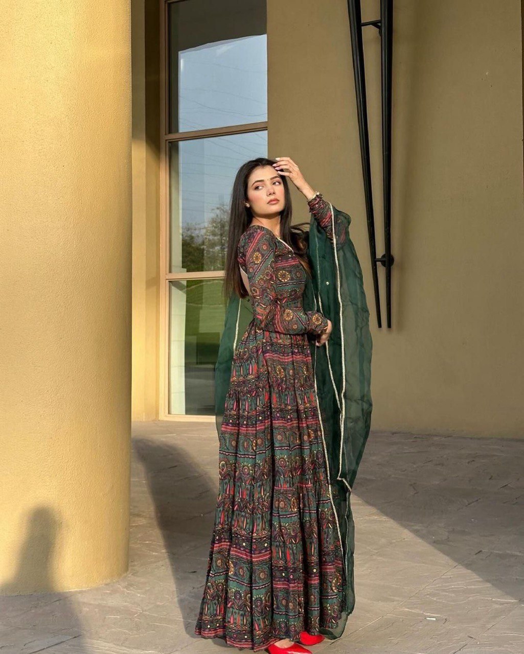 Alluring Mehendi Green Digital Printed Fully Flared Gown With Dupatta - INDIAN ELEGANCE