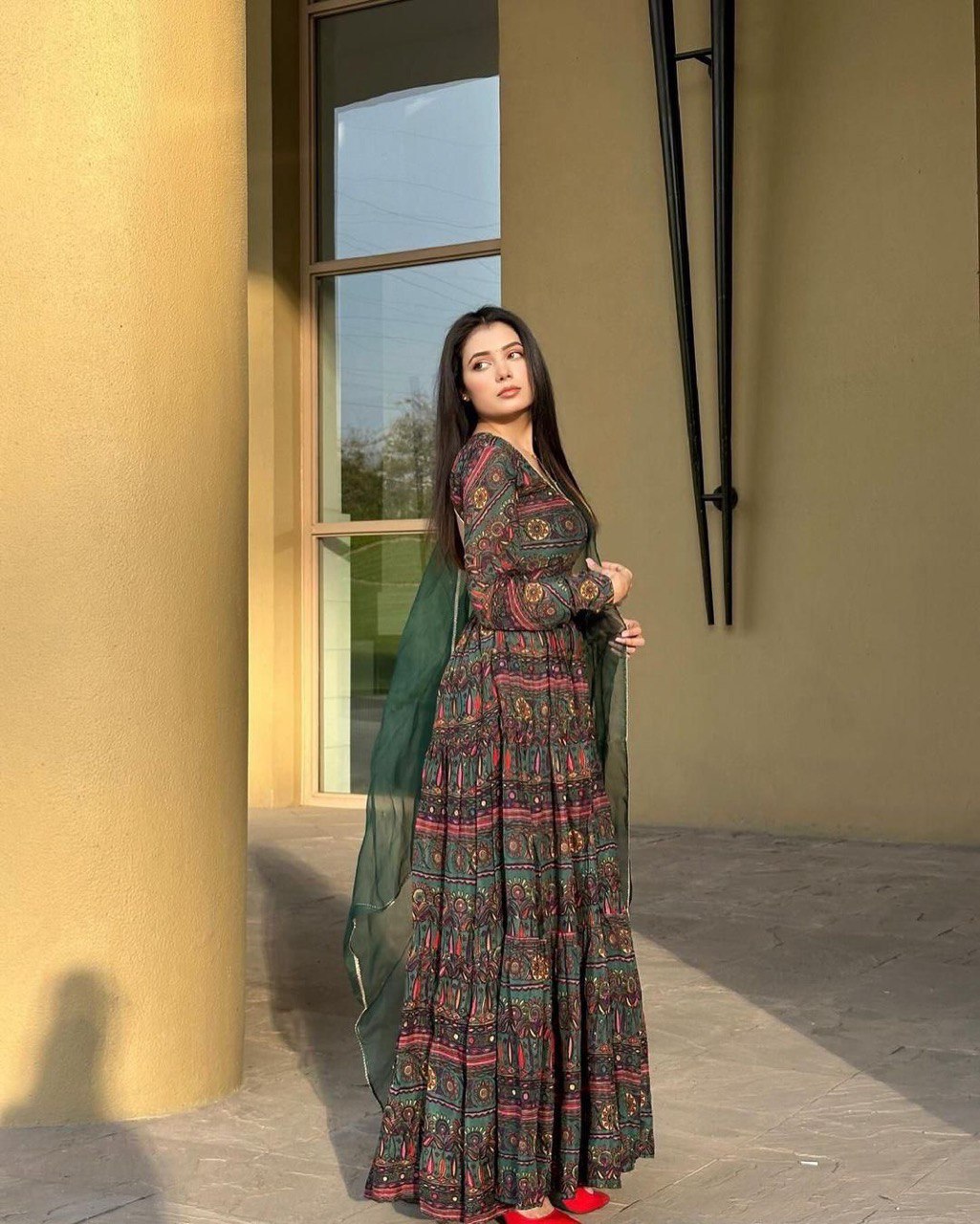 Alluring Mehendi Green Digital Printed Fully Flared Gown With Dupatta - INDIAN ELEGANCE