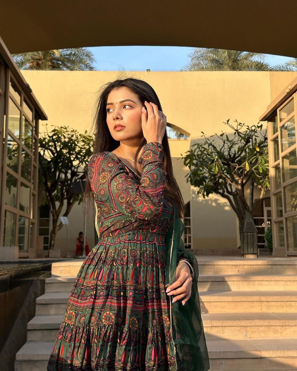 Alluring Mehendi Green Digital Printed Fully Flared Gown With Dupatta - INDIAN ELEGANCE