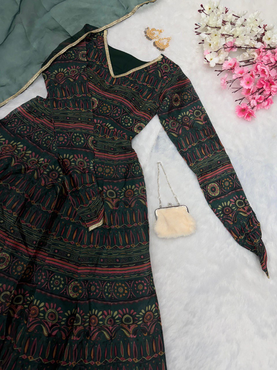 Alluring Mehendi Green Digital Printed Fully Flared Gown With Dupatta - INDIAN ELEGANCE