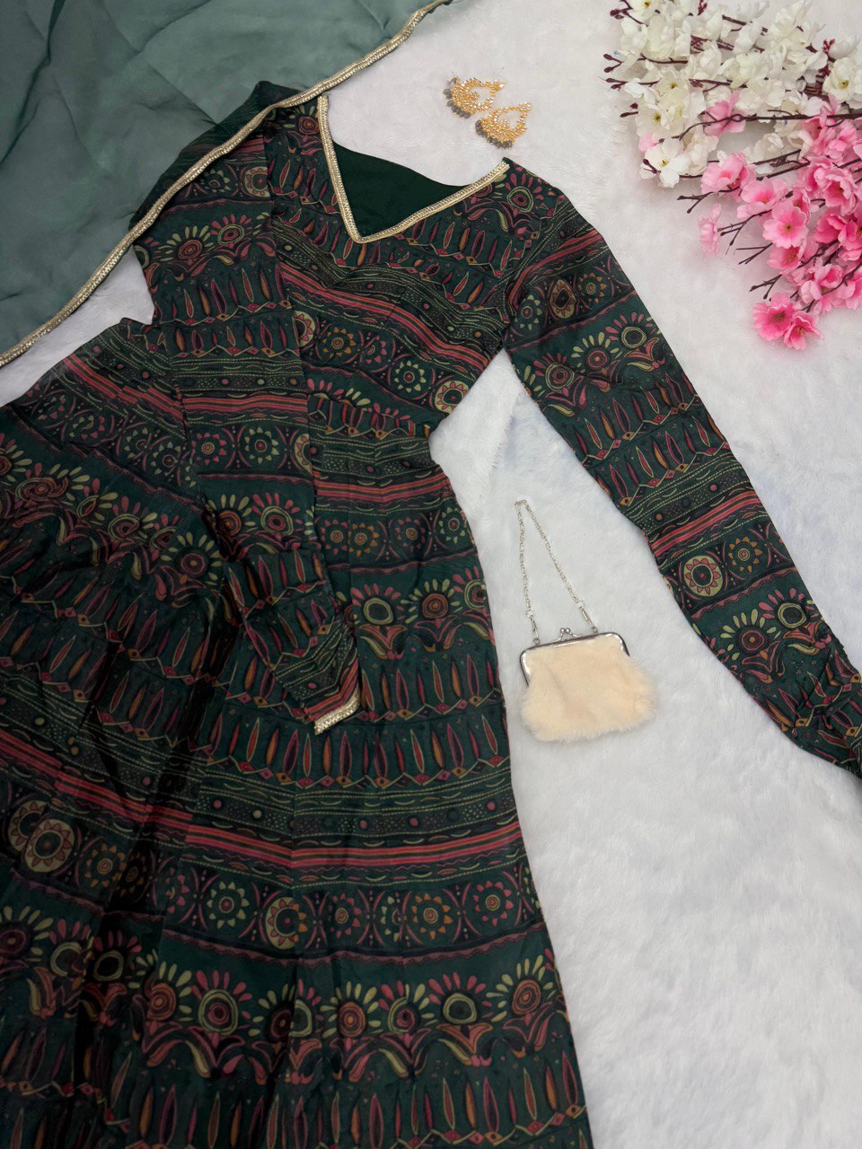 Alluring Mehendi Green Digital Printed Fully Flared Gown With Dupatta - INDIAN ELEGANCE