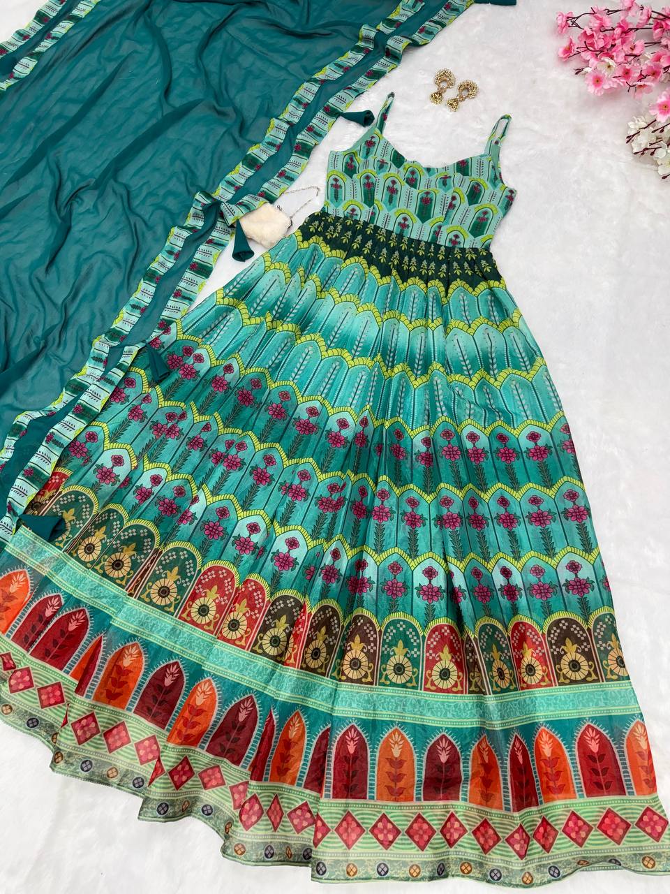 Ravishing Pure Jimmy Organza Silk Digital Printed Gown With Dupatta - INDIAN ELEGANCE