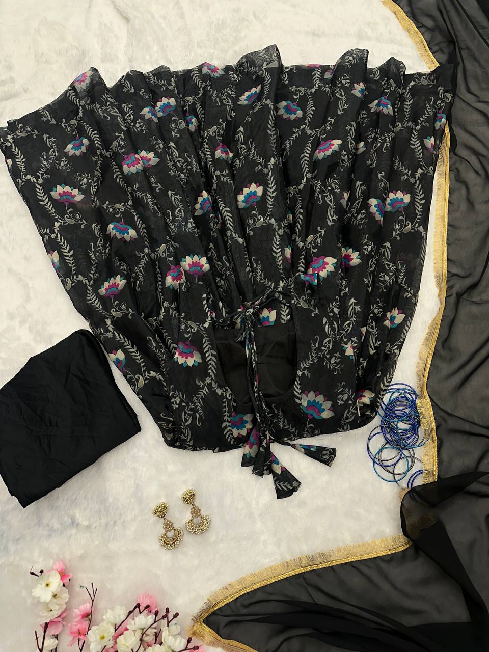 Stylish Black Jimmy Organza Silk Digital Printed Gown With Dupatta - INDIAN ELEGANCE