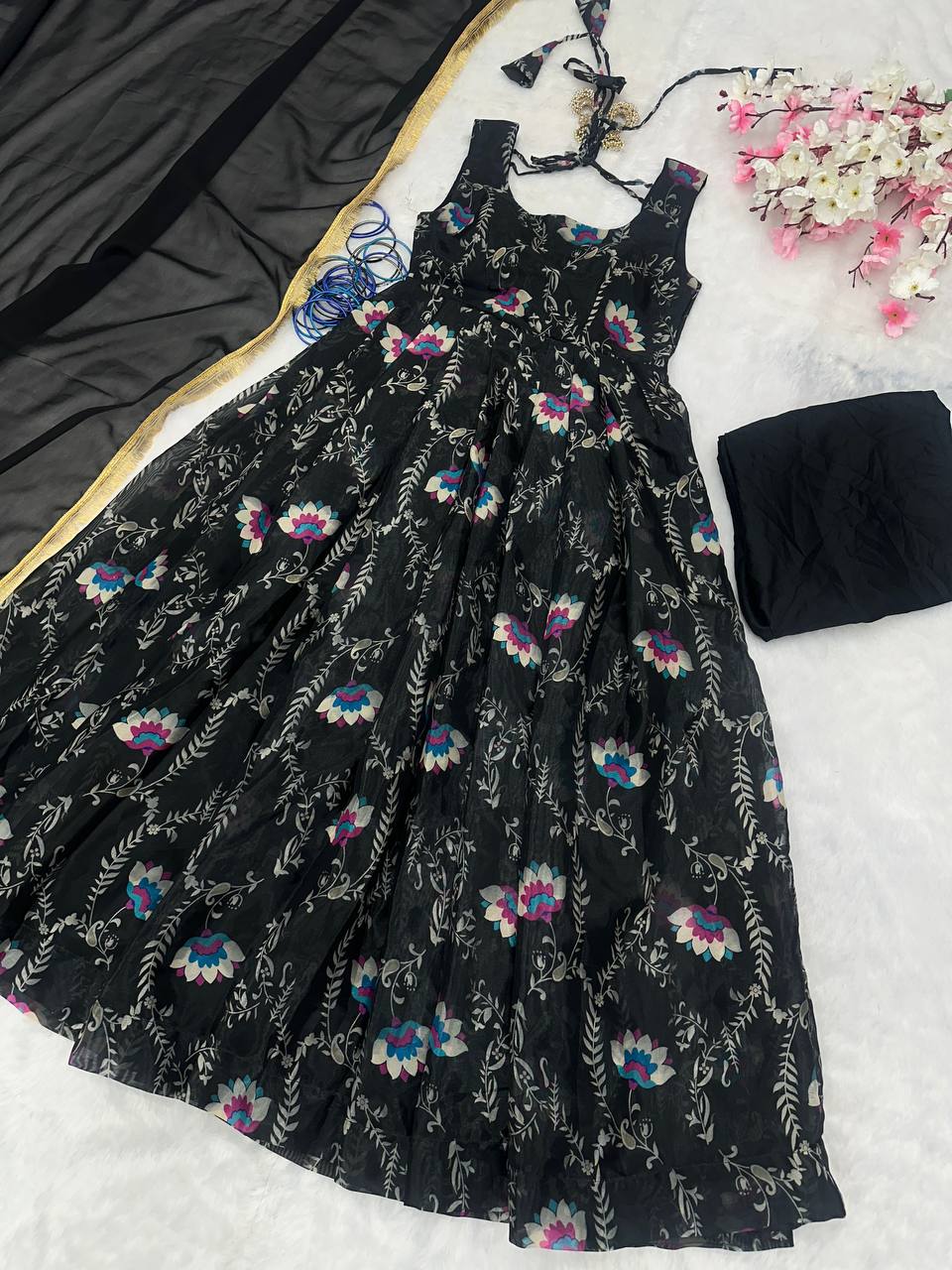Stylish Black Jimmy Organza Silk Digital Printed Gown With Dupatta - INDIAN ELEGANCE