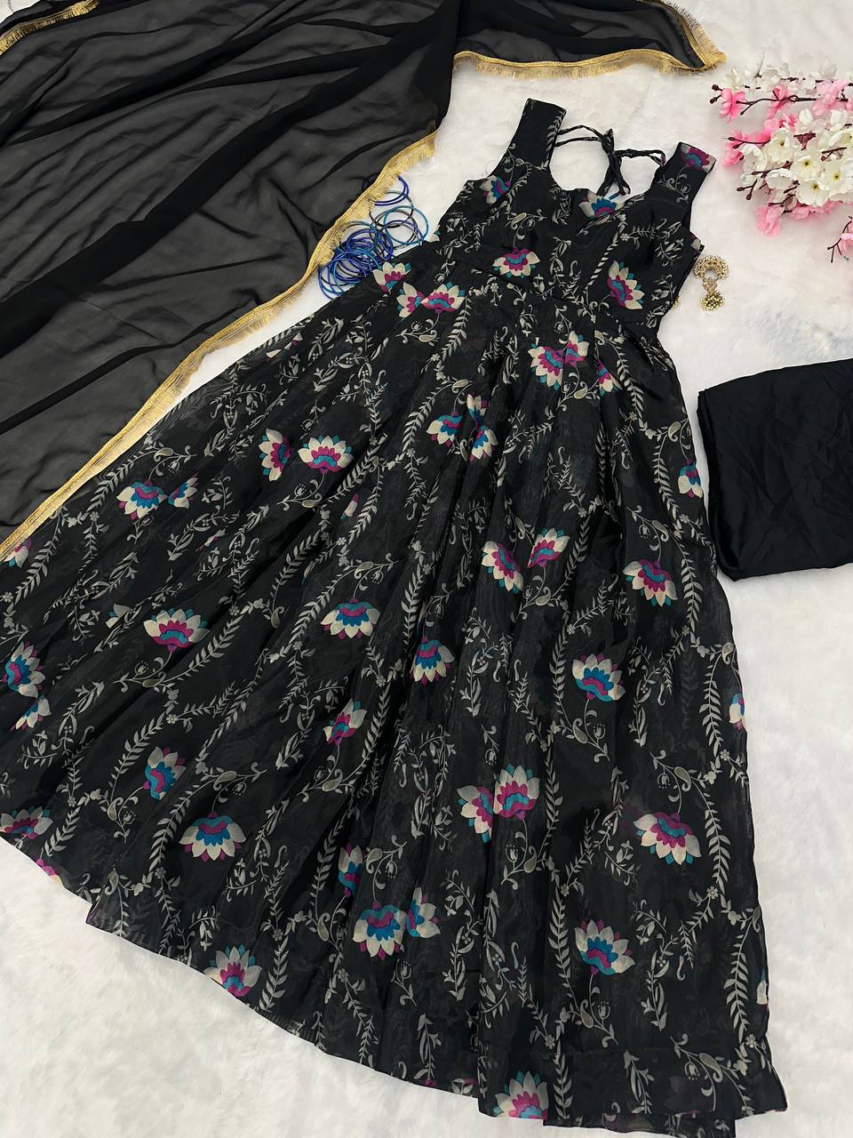 Stylish Black Jimmy Organza Silk Digital Printed Gown With Dupatta - INDIAN ELEGANCE