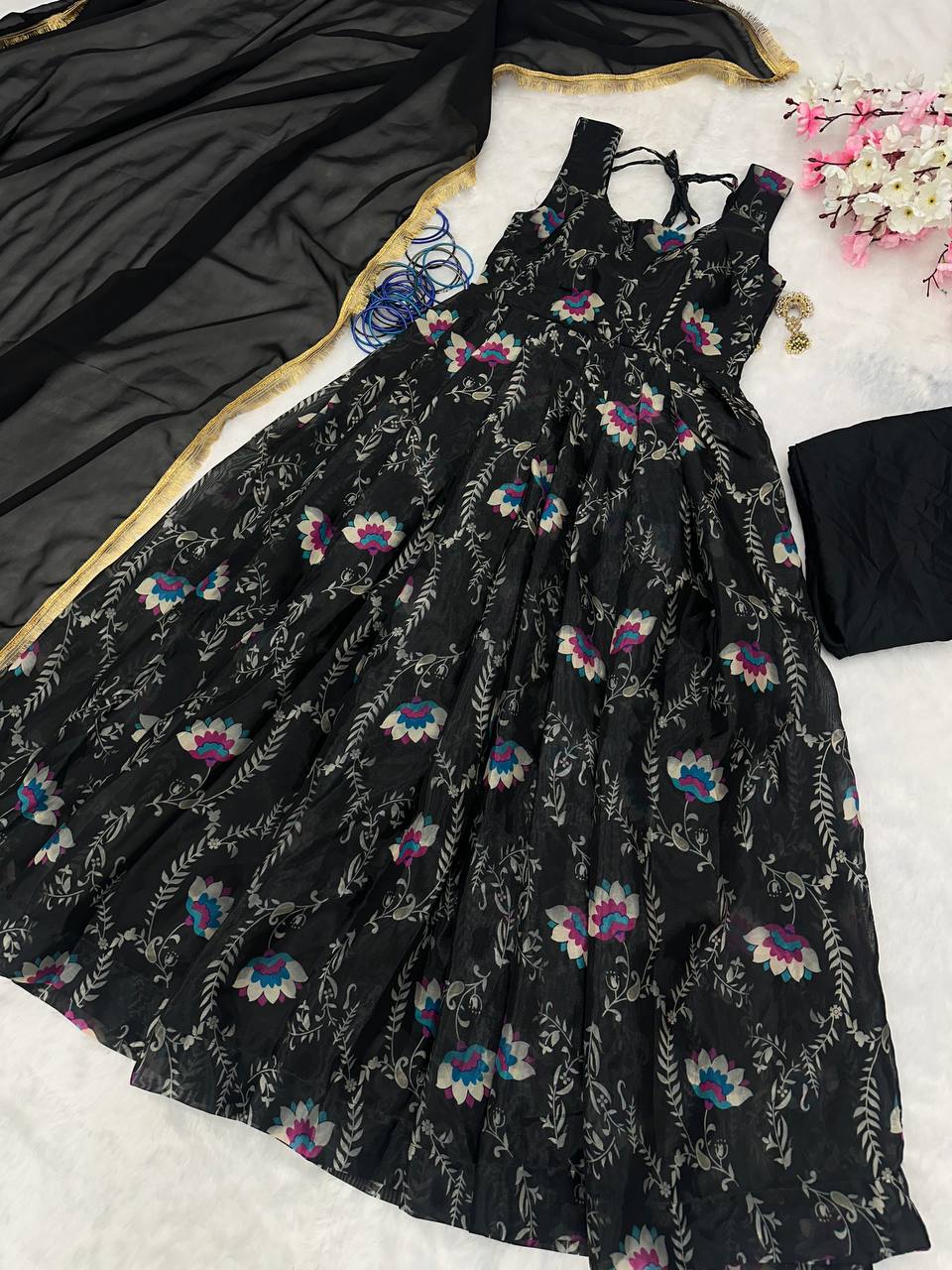 Stylish Black Jimmy Organza Silk Digital Printed Gown With Dupatta - INDIAN ELEGANCE