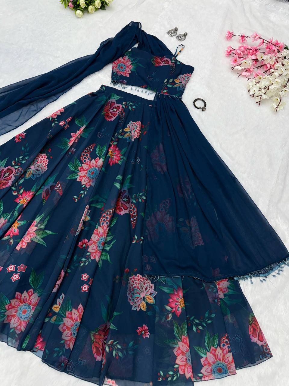 Blue Fully Stitched Floral Digital Printed Georgette Lehenga Set