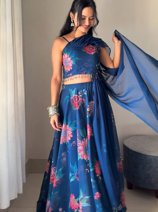 Blue Fully Stitched Floral Digital Printed Georgette Lehenga Set