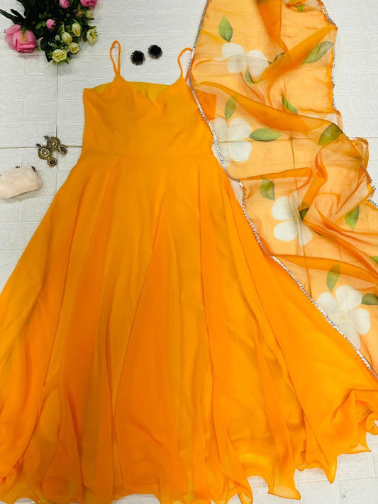 Resplendent Georgette Plain Gown With Floral Dupatta Set - INDIAN ELEGANCE