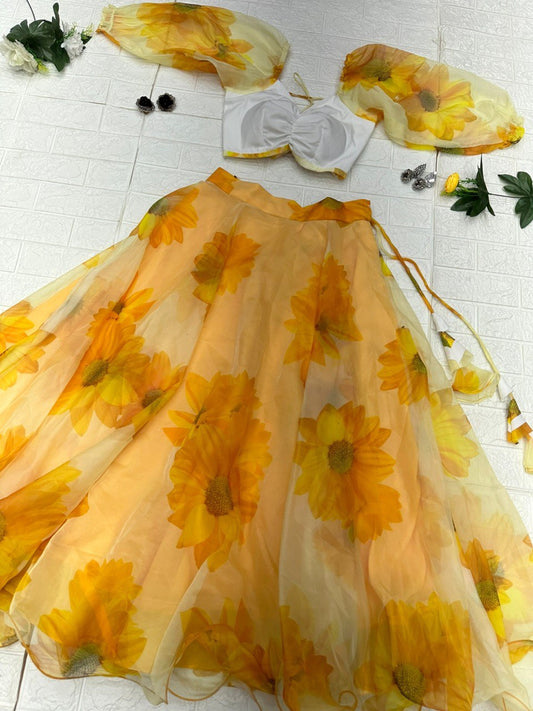Enticing Yellow Organza Silk Floral Printed Lehenga Choli Set - INDIAN ELEGANCE