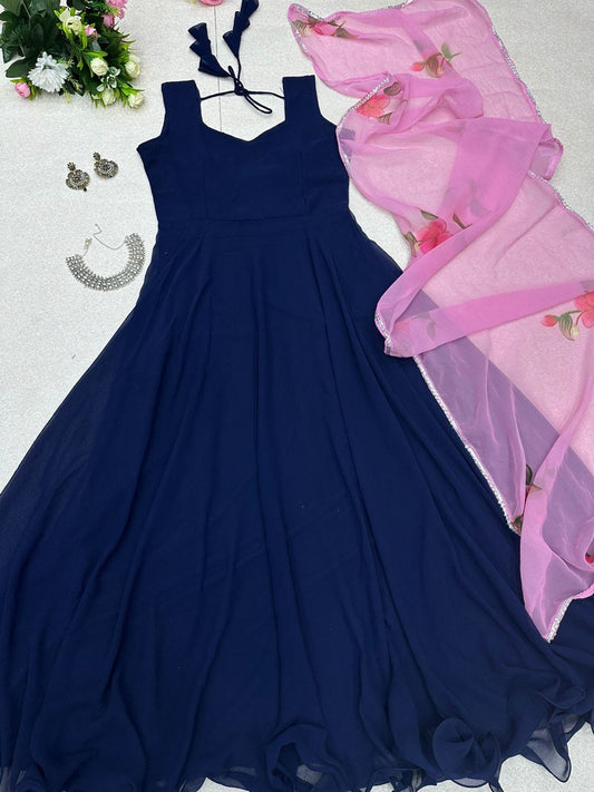 Enamoring Georgette Plain Gown With Floral Dupatta Set - INDIAN ELEGANCE