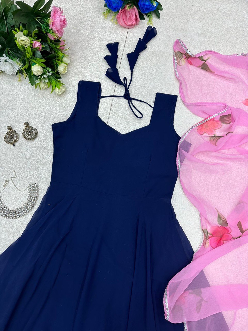 Enamoring Georgette Plain Gown With Floral Dupatta Set - INDIAN ELEGANCE