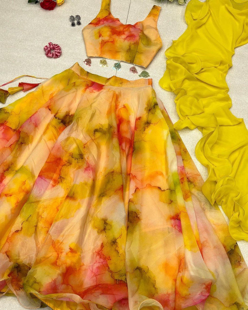 Winsome Yellow Organza Silk Floral Printed Stitched Lehenga Choli Set - INDIAN ELEGANCE