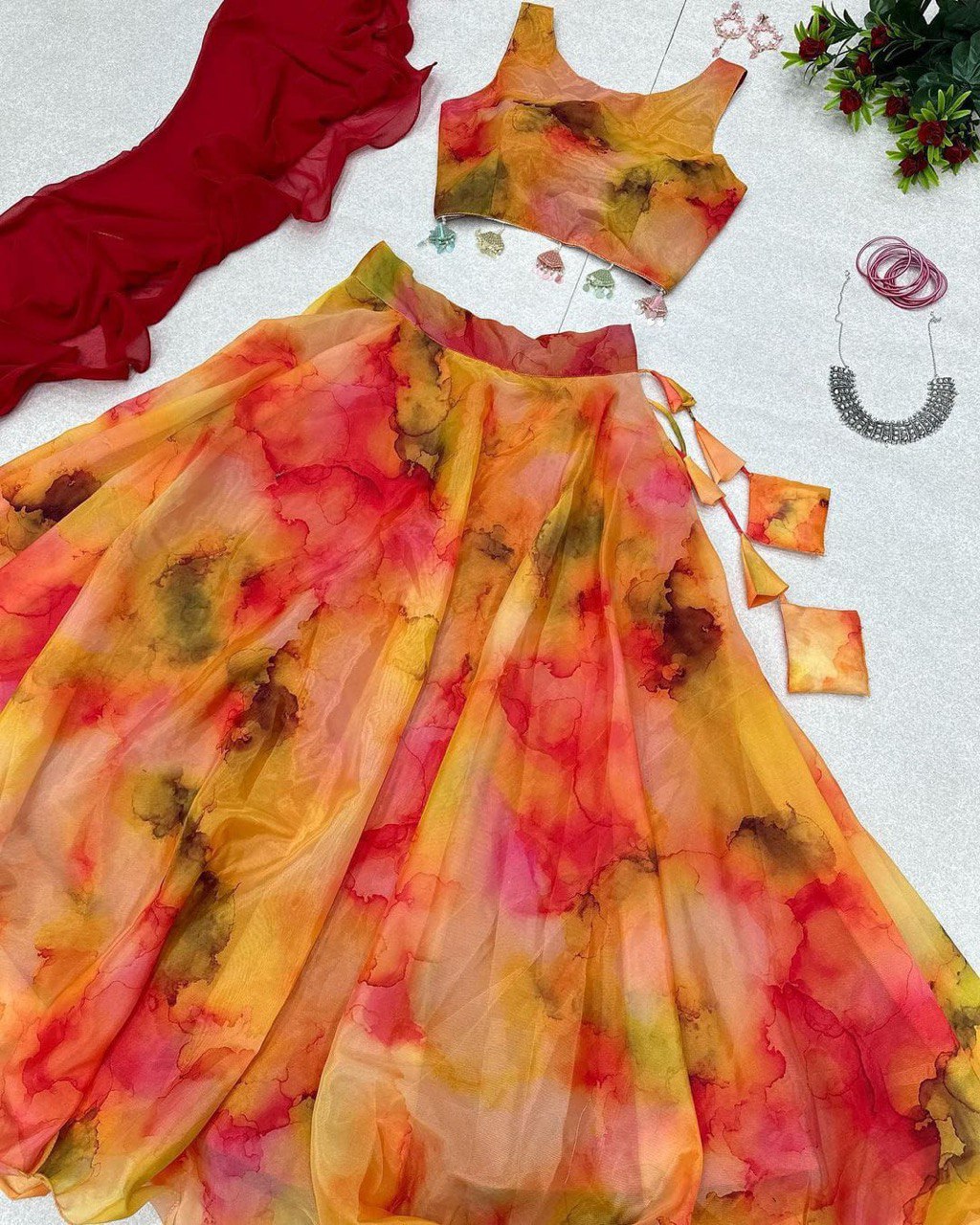 Winsome Yellow Organza Silk Floral Printed Stitched Lehenga Choli Set - INDIAN ELEGANCE