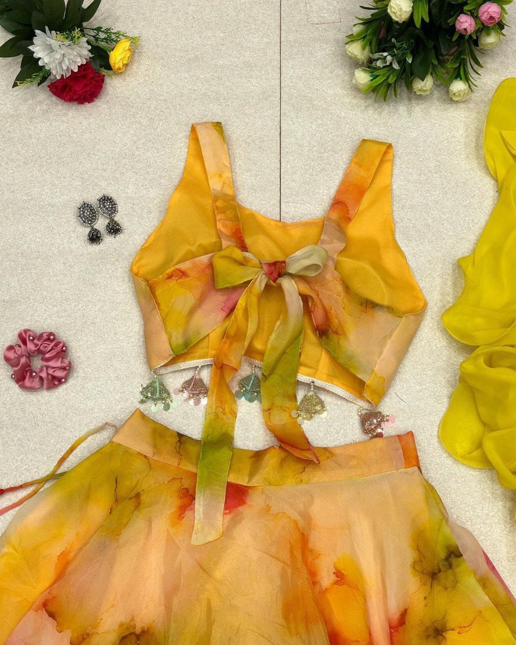 Winsome Yellow Organza Silk Floral Printed Stitched Lehenga Choli Set - INDIAN ELEGANCE