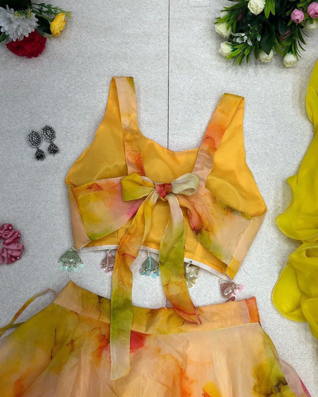 Winsome Yellow Organza Silk Floral Printed Stitched Lehenga Choli Set - INDIAN ELEGANCE